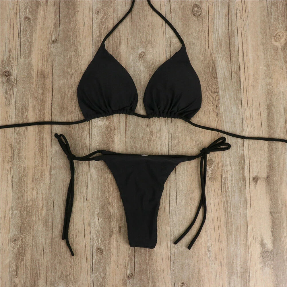 Női szexi tanga bikini szett oldalsó fürdőruha kötszer stílusú brazil fürdőruha osztott pántos állítható egyszínű női fürdőruha szett