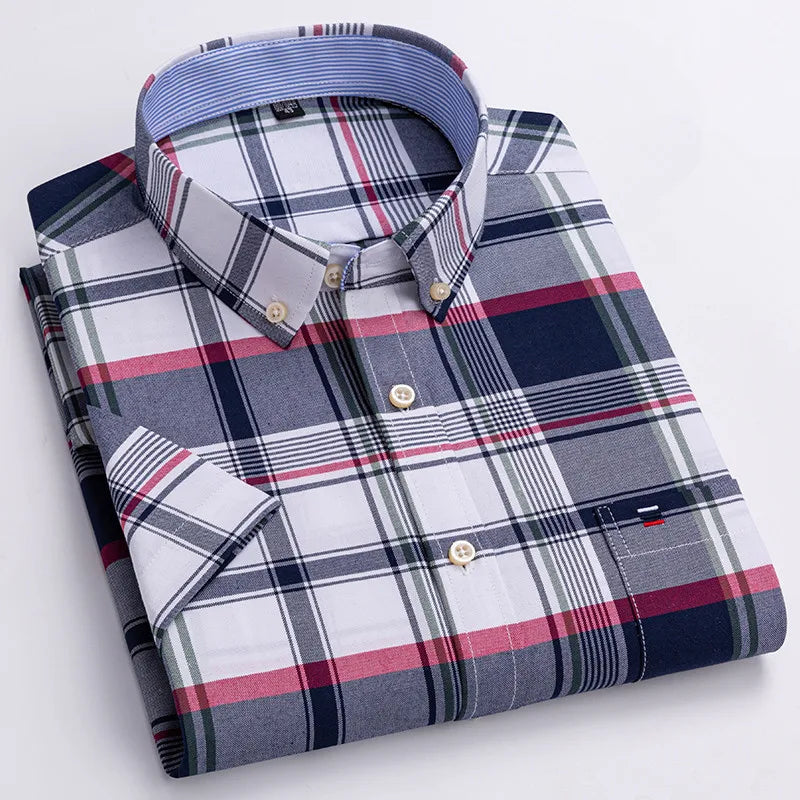 100% pamut férfi Oxford ing, rövid ujjú, nyári, kockás, csíkos, férfi ruházat, üzleti, normál szabású, túlméretezett ing, 7XL, 6XL