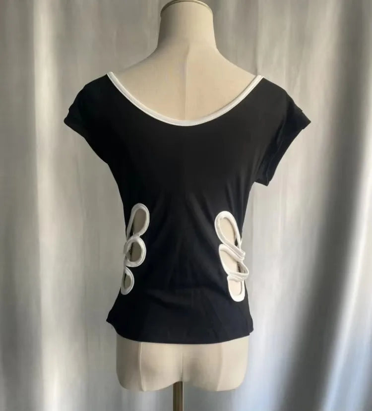 Vintage üreges V-nyakú, hát nélküli pólók női nyári grunge lezser női trikók patchwork kontrasztos színű crop top 2019 esztétika
