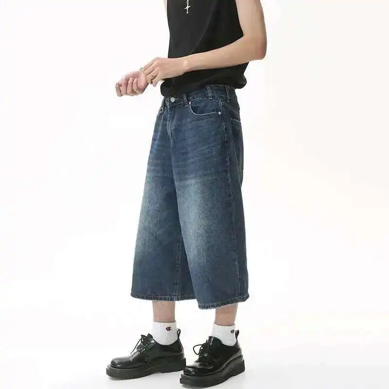 IEFB koreai stílusú vintage férfi farmer nyári laza férfi széles szárú térdig érő rövidnadrág új mosott divatos rövid farmer nadrág
