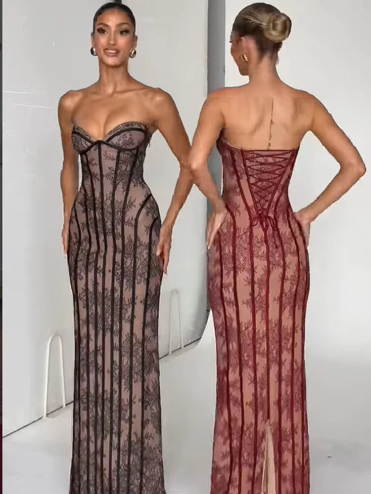 Női gézes halszálkamintás pánt nélküli ruha, sikkes, hát nélküli, váll nélküli, derékig érő, vékony maxi ruha, vestidos 2026, hölgy estélyi ruhák