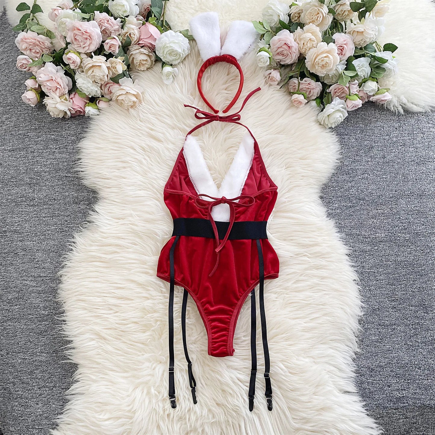 Piros karácsonyi cosplay nyúl lány jumpsuit szexi fehérnemű öv női új ruházat hétköznapi hát nélküli üreges fűzős body