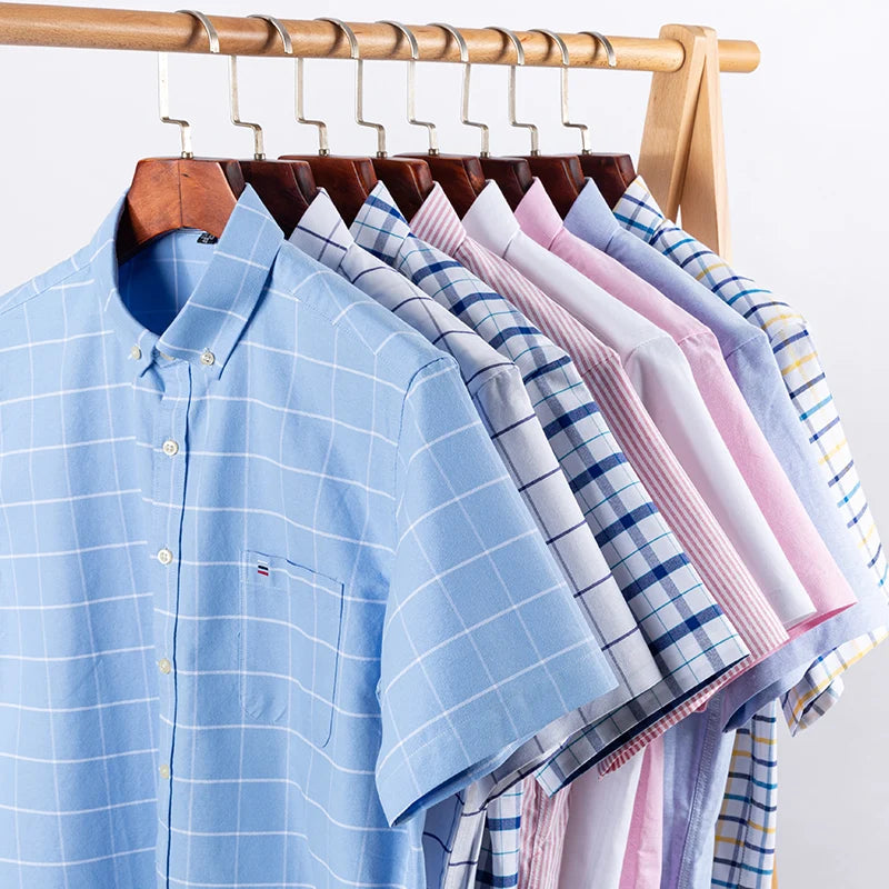 100% pamut férfi Oxford ing, rövid ujjú, nyári, kockás, csíkos, férfi ruházat, üzleti, normál szabású, túlméretezett ing, 7XL, 6XL