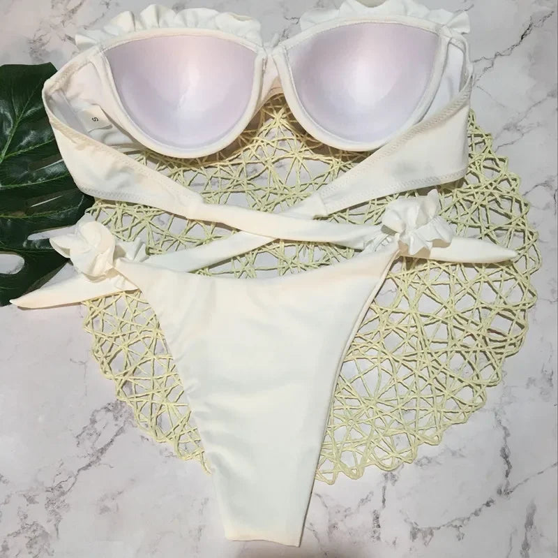 Szexi fodros, fodros melltartós bikini 2026 női bandeau fürdőruha női fürdőruha kétrészes bikiniszett push up fürdőruha úszás