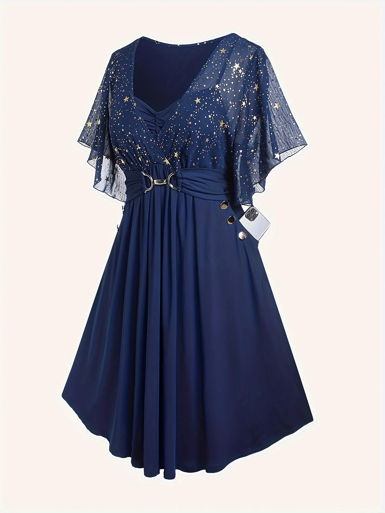 Divatos női plus size robbanásszerű, csillagmintás, gombos, zsebes, rakott, pillangós ujjú, elegáns, temperamentumos ruha