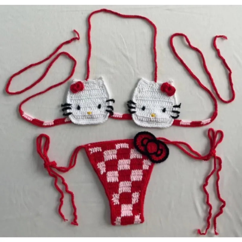 Sanrio horgolt bikini szett aranyos lányoknak fürdőruhák Hello Kitty szexi fürdőruha mikro kötésű bikinik strandruha női fürdőruha
