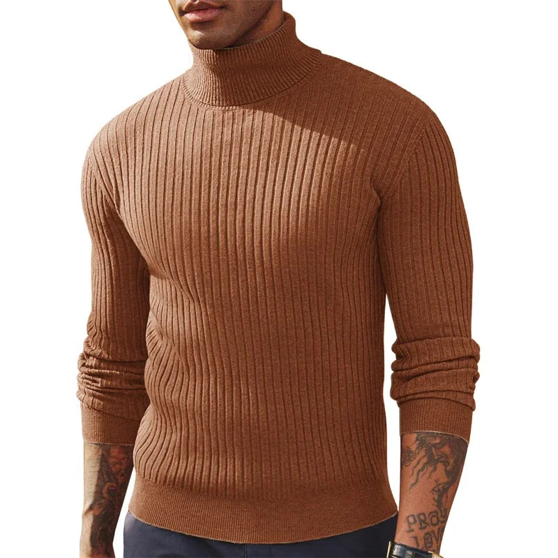 Férfi őszi, karcsúsított, hosszú ujjú, garbós pulóver, lezser, kötött, meleg, vastag,  kültéri, téli