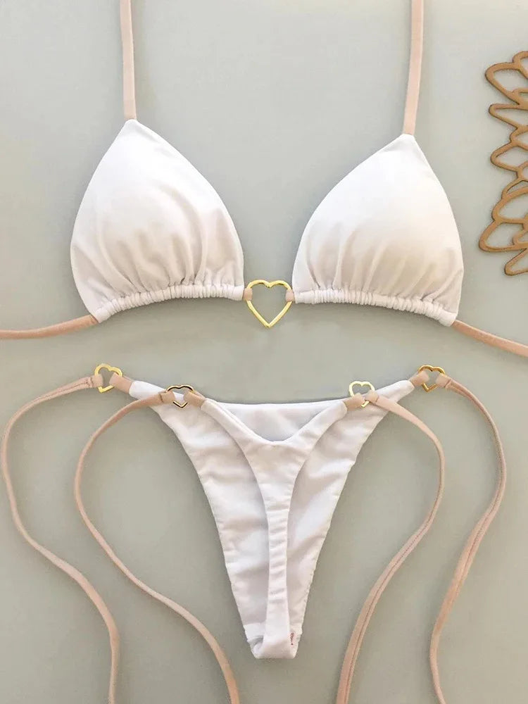 Új, egyszínű, fehér bikini női öltöny, alacsony derekú, fűzős, divatos, kétrészes fürdőruha szett