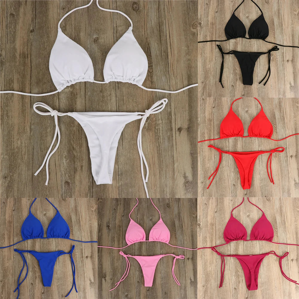Női szexi tanga bikini szett oldalsó fürdőruha kötszer stílusú brazil fürdőruha osztott pántos állítható egyszínű női fürdőruha szett