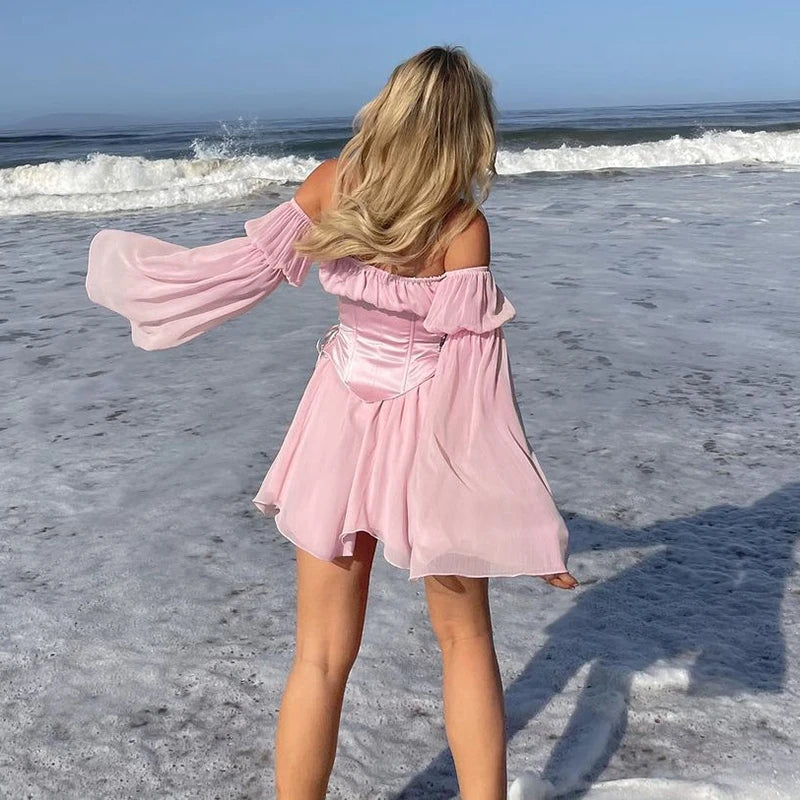 Tündérrózsaszín sifon mini ruha, sikkes női fűző, vintage hosszú puffos ujjú nyári ruha, peremnyakú koszorúslány testhezálló strandruha
