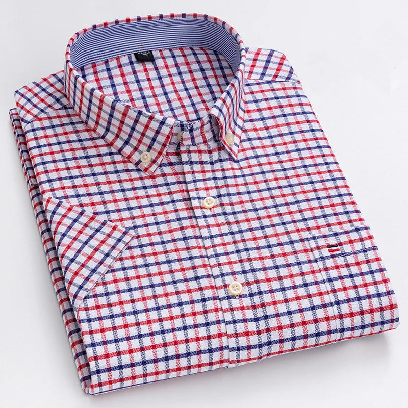 100% pamut férfi Oxford ing, rövid ujjú, nyári, kockás, csíkos, férfi ruházat, üzleti, normál szabású, túlméretezett ing, 7XL, 6XL