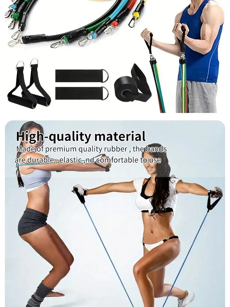 11 db-os TPE ellenállás-szalag szett, fitneszszalag, húzókötél, rugalmas edzőszalag ajtóra akasztható fogantyúkkal, hordtáskával, lábakkal, bokapántokkal