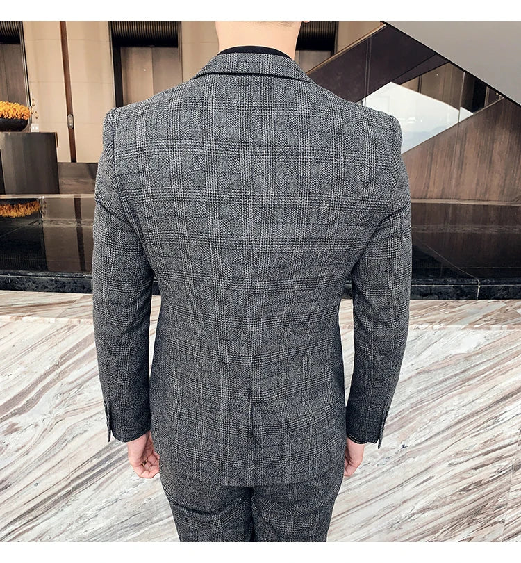 Férfi kiváló minőségű, plus size 5XL-M háromrészes öltöny (öltöny+mellény+nadrág) üzleti divatos kockás öltöny vőlegény esküvői