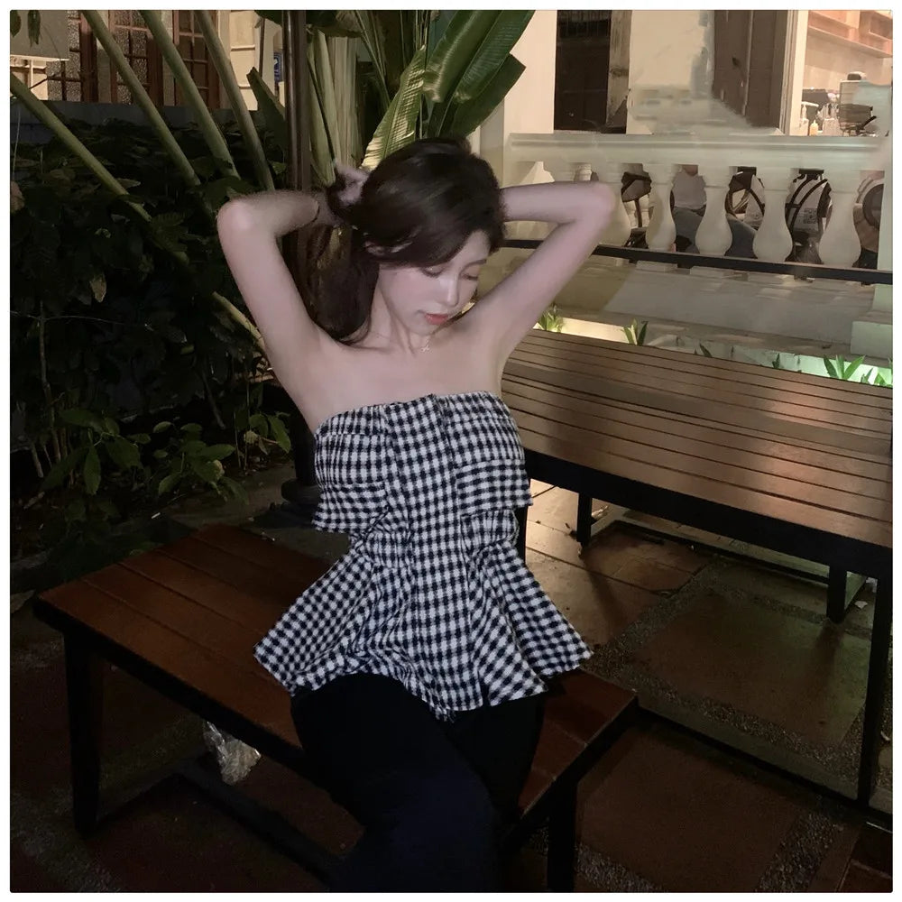 Lányoknak elegáns fodros kockás csőfelsői női rugalmas kendőcsövek bandeau rövid pánt nélküli trikó crop top női