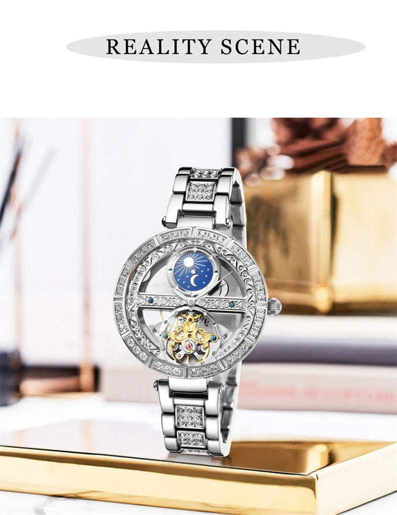Női automata mechanikus karóra, csúcsmárkás luxus bőr vízálló órák, női csontváz Tourbillon óra, reloj mujer, új