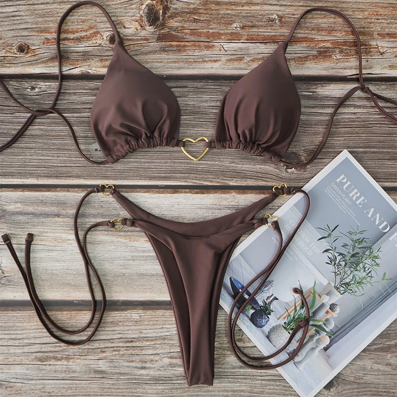 Szexi, egyszínű bikiniszett, női kétrészes, háromszög alakú tanga, brazil bikini szett