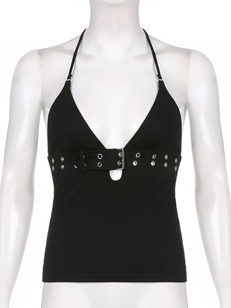 y2k Bandage Crop Top Fekete Hát nélküli Felső Fűzős Aranyos Party Strand Női Retro Alap Punk