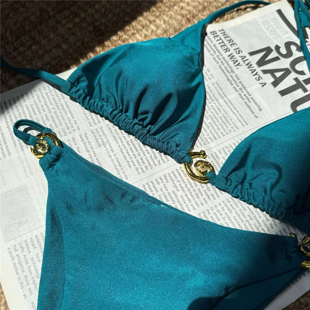 Egyszínű narancssárga fürdőruha fém gyűrűs zsinóros háromszög alakú mikro bikini tanga szexi fürdőruha nők 2026 fürdőruha bikiniszett
