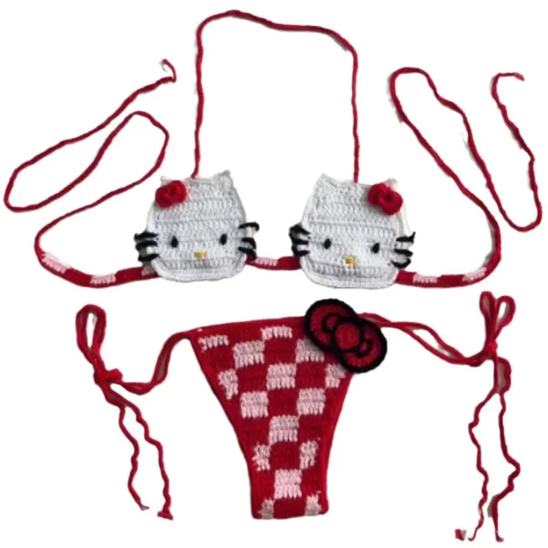 Sanrio horgolt bikini szett aranyos lányoknak fürdőruhák Hello Kitty szexi fürdőruha mikro kötésű bikinik strandruha női fürdőruha