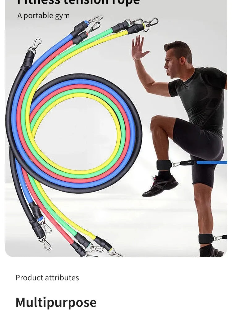 11 db-os TPE ellenállás-szalag szett, fitneszszalag, húzókötél, rugalmas edzőszalag ajtóra akasztható fogantyúkkal, hordtáskával, lábakkal, bokapántokkal