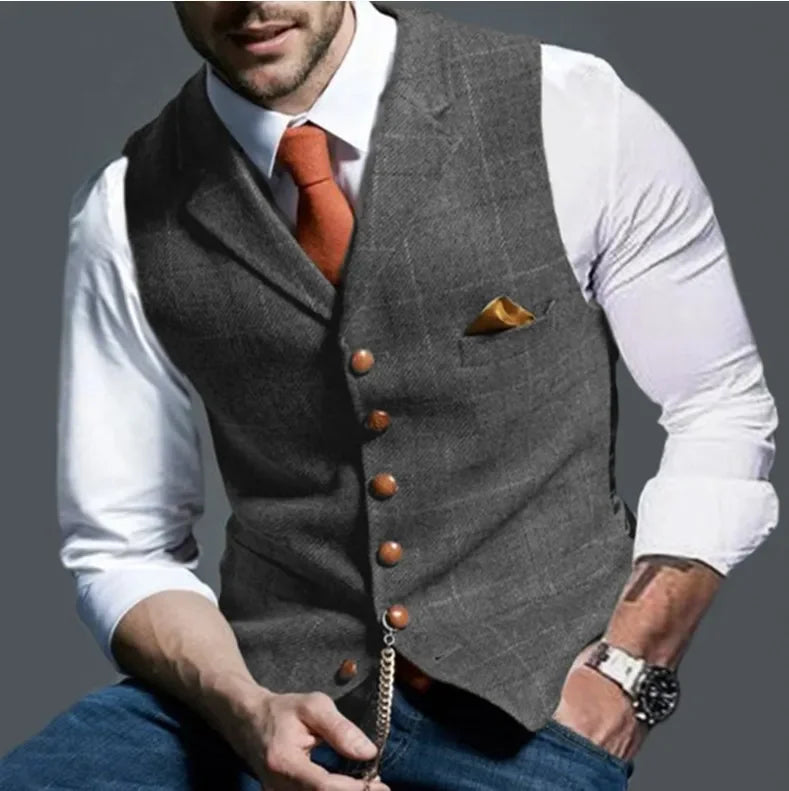 Férfi lezser klasszikus öltönymellény retró pamutkeverék tweed öltöny bélelt mellény S-3XL