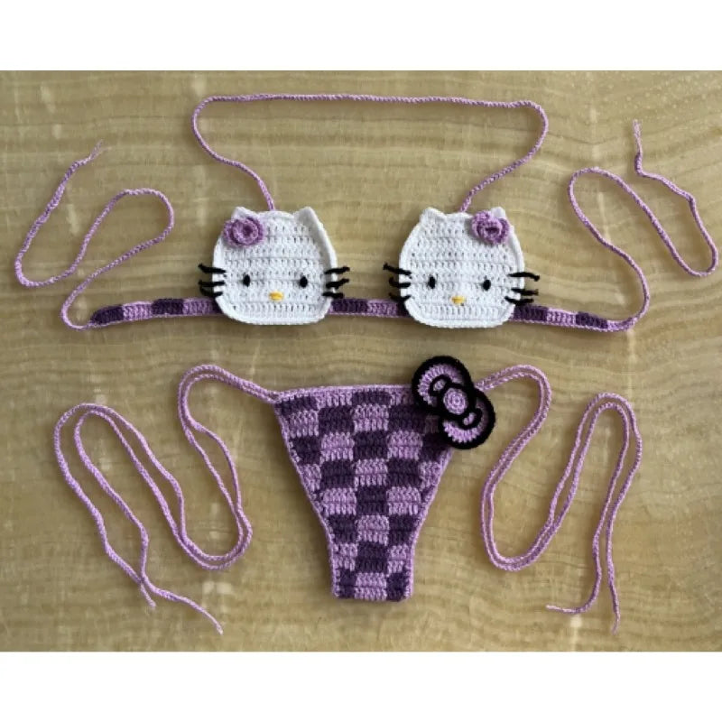 Sanrio horgolt bikini szett aranyos lányoknak fürdőruhák Hello Kitty szexi fürdőruha mikro kötésű bikinik strandruha női fürdőruha
