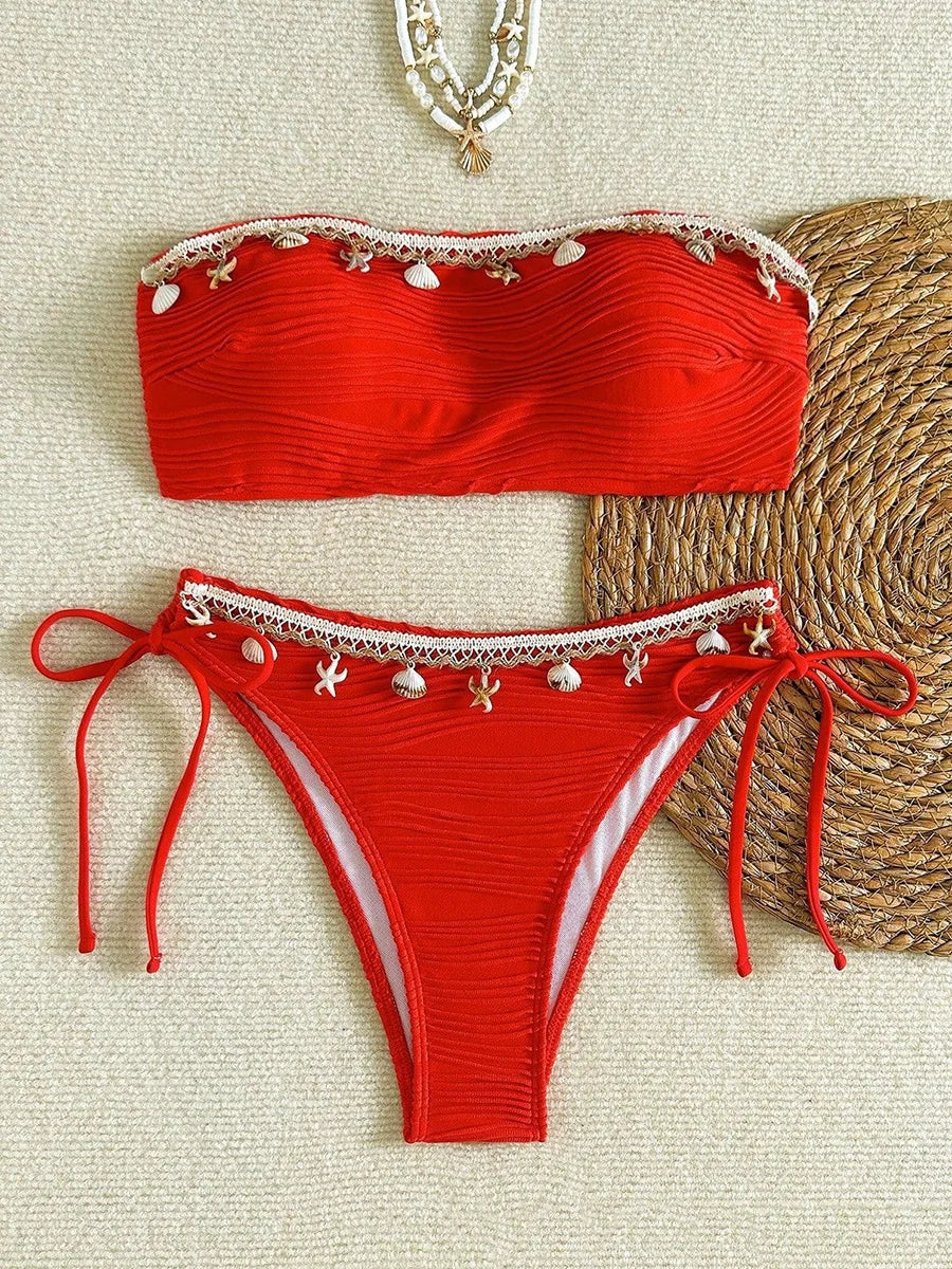 XS - XL Bandeau ráncos, magas kivágású bikini női fürdőruha női fürdőruha kétrészes bikiniszett kagyló fürdőruha úszás