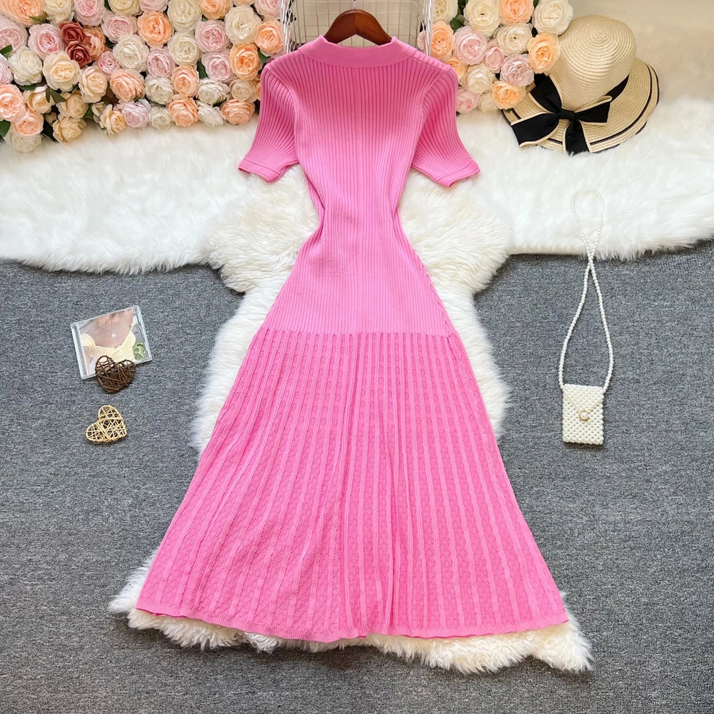 YuooMuoo márka divatos elegáns patchwork kötött hosszú ruha tavaszi nyári női luxus ing pulóver ruha hölgy party Vestido