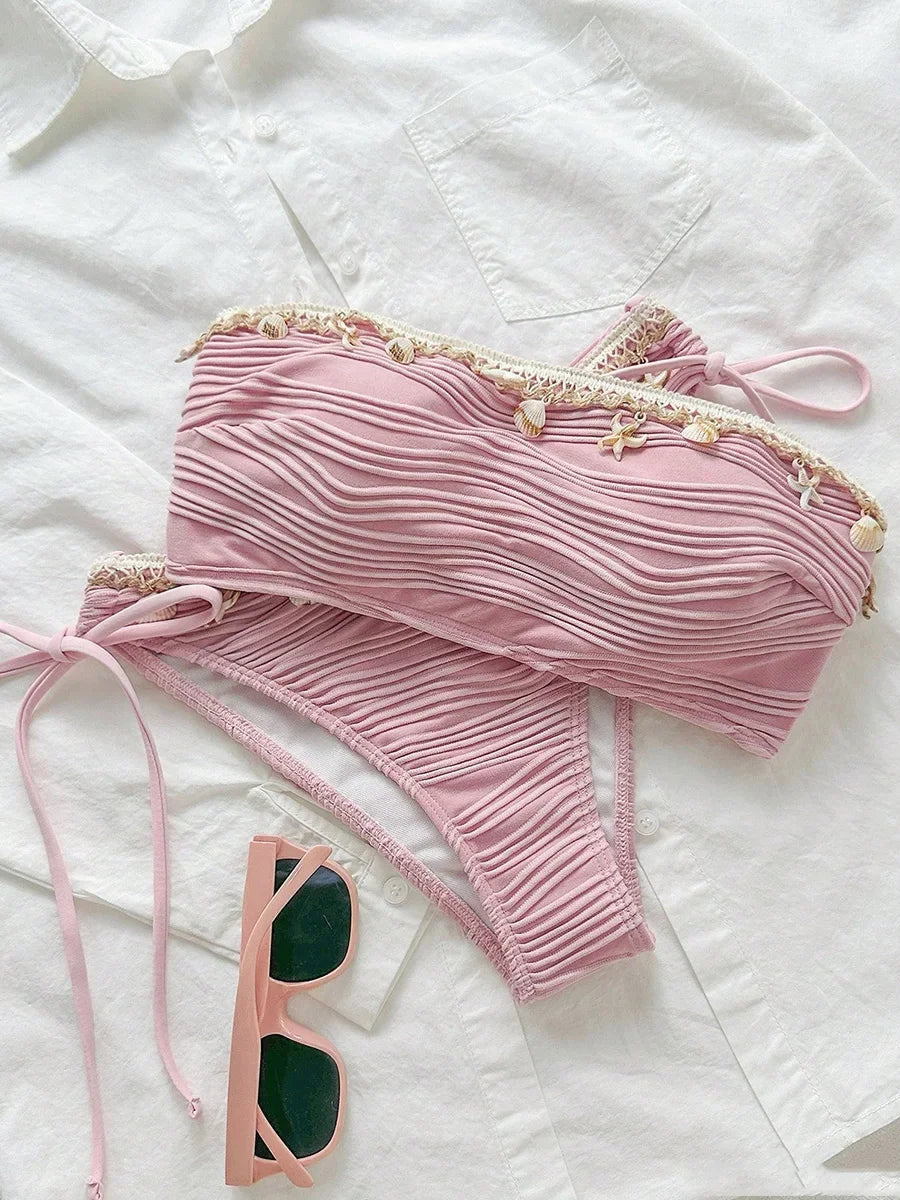 XS - XL Bandeau ráncos, magas kivágású bikini női fürdőruha női fürdőruha kétrészes bikiniszett kagyló fürdőruha úszás