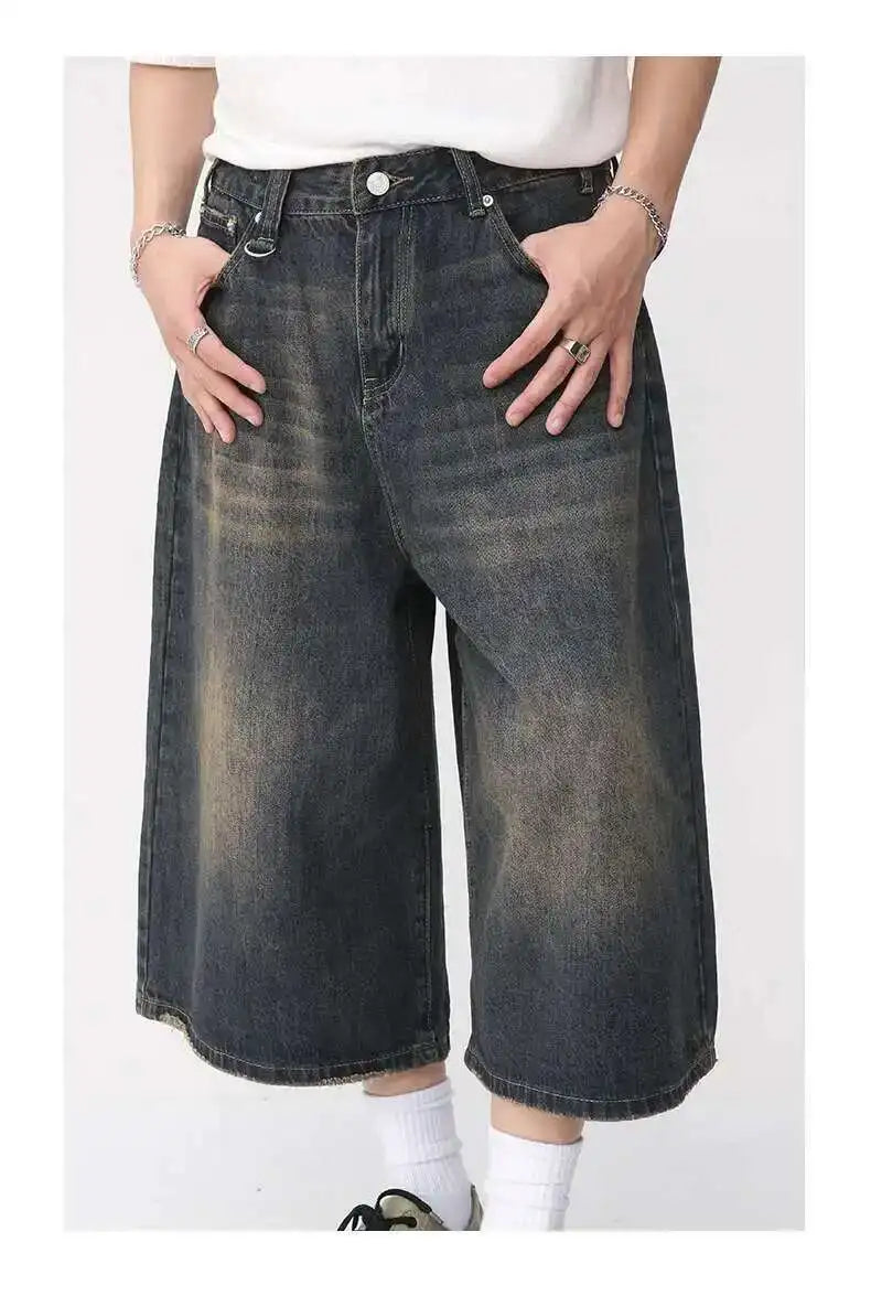 IEFB koreai stílusú vintage férfi farmer nyári laza férfi széles szárú térdig érő rövidnadrág új mosott divatos rövid farmer nadrág