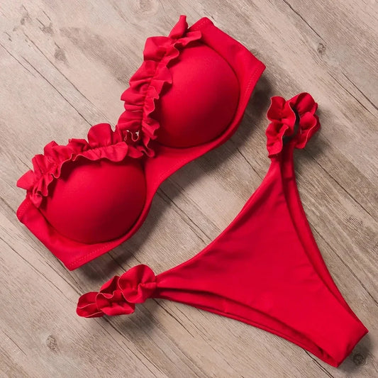 Szexi fodros, fodros melltartós bikini 2026 női bandeau fürdőruha női fürdőruha kétrészes bikiniszett push up fürdőruha úszás