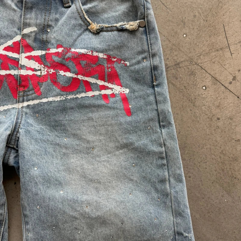 Y2K Graffiti Jorts Strasszos Nyomtatott Farmer Rövidnadrág Férfi Trend Retro Hip Hop Streetwear Rövidnadrág