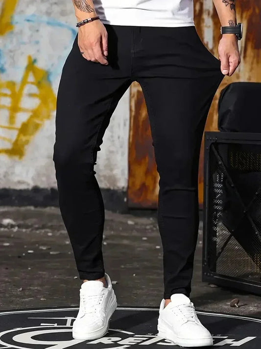 Férfi farmer, rugalmas, vékony, egyszínű, fekete, kék, tavaszi, luxus utcai, harajuku, hip-hop stílusú, nadrág, márka