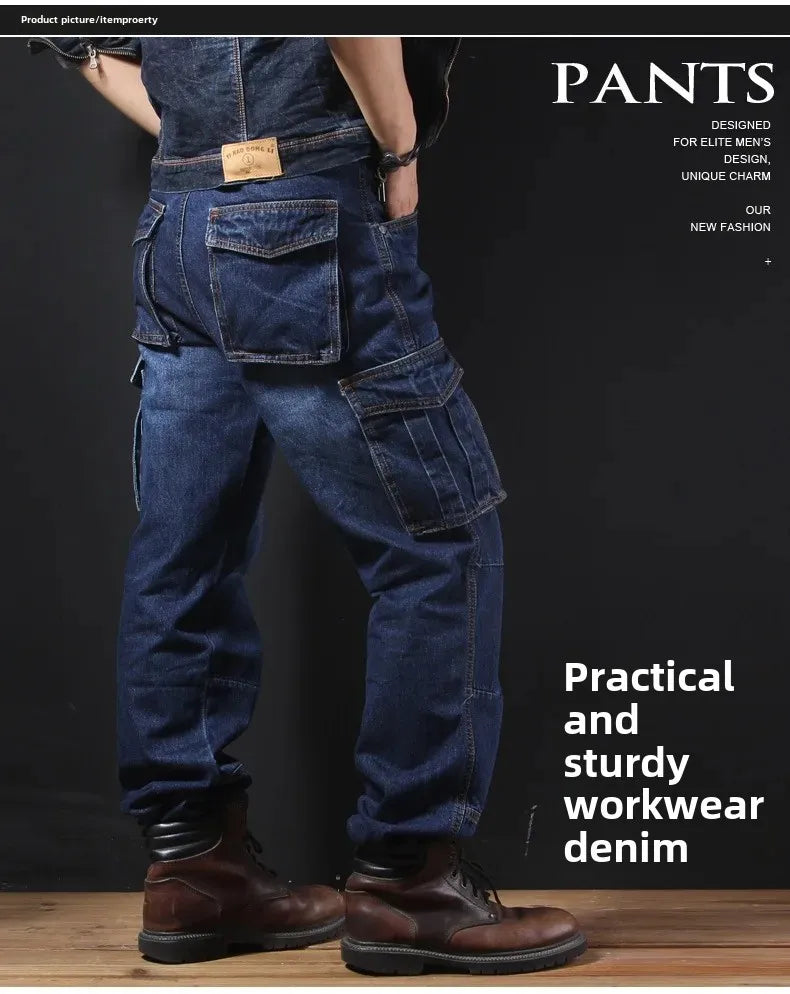 Férfi őszi/téli többzsebes, egyenes szárú, laza szabású, plus size,  farmernadrág