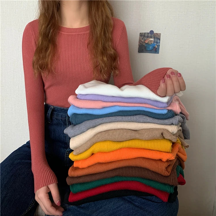 2026 új női pulóver őszi-téli hosszú ujjú pulóver alap felső divatos O-nyakú rugalmas női téli egyszínű kötött jumper