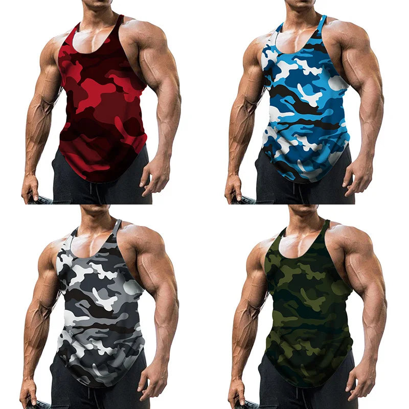 Camouflage nyári fitnesz trikó férfiaknak testépítéshez új edzőtermek ruházat fitnesz férfi ing karcsúsított mellények hálós atlétatrikó izmos felsők