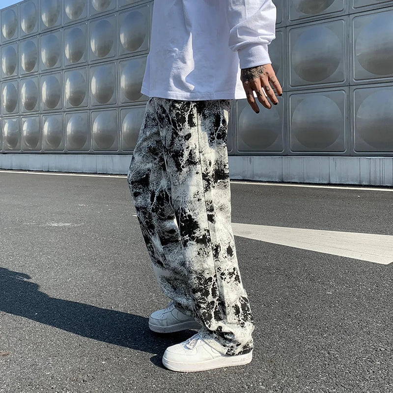 Nyomott farmernadrág Unisex rugalmas derekú tavaszi 2025 Férfi divatos koreai stílusú főutcai laza hip-hop nadrág