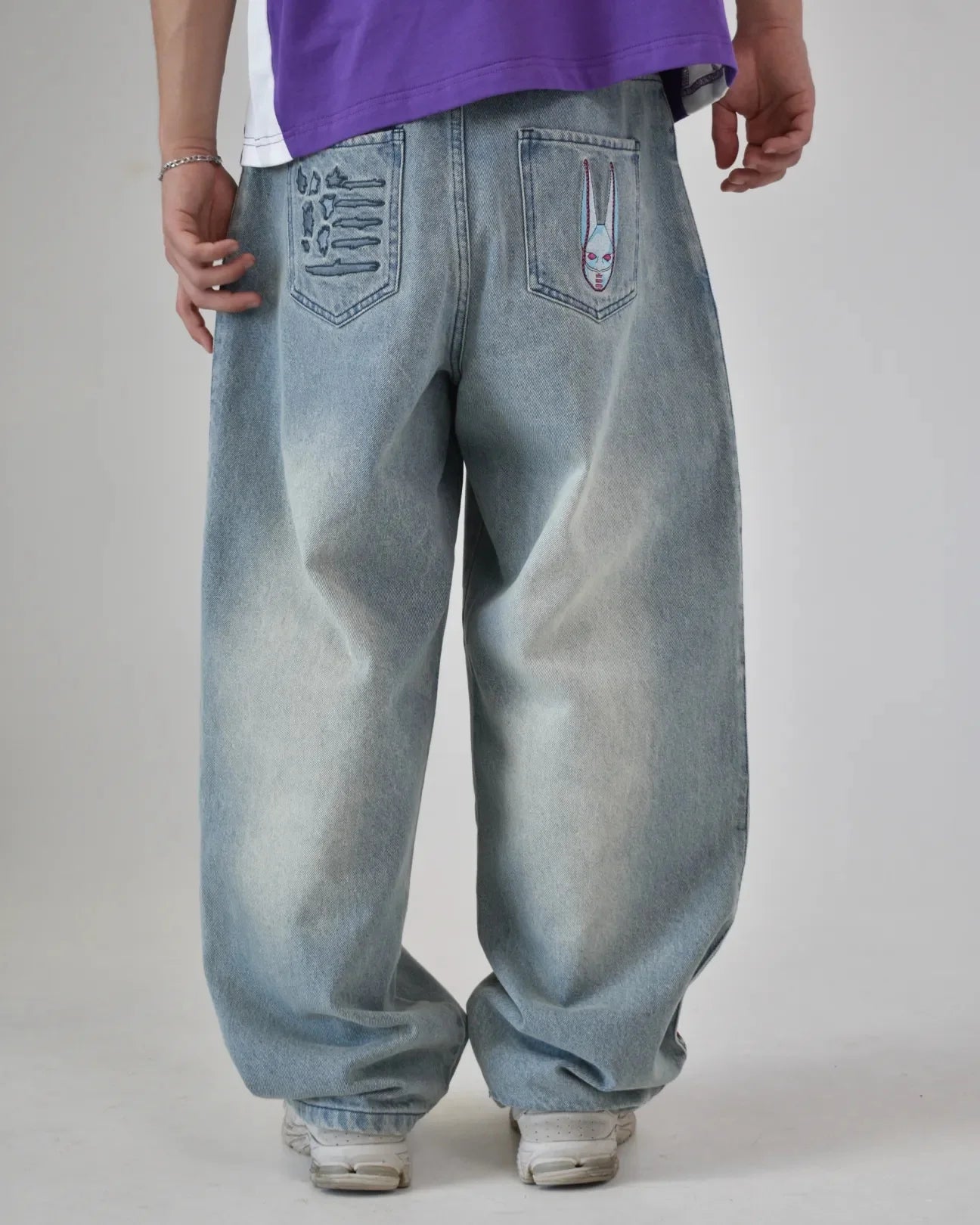 Y2K Férfi D4C JoJo Magas Derekú Baggy Farmer  Rózsaszín Szív Oldali Hímzés Laza Fazonú  Farmer Nadrág Utcai Viselet Széles Lábajú Nadrág
