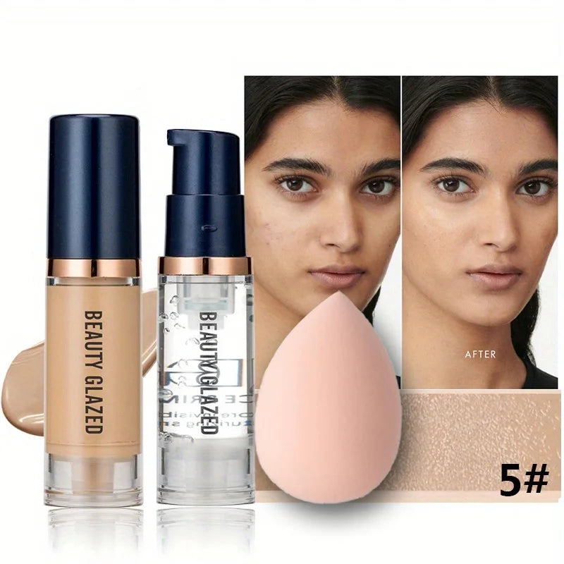 BEAUTY GLAZED 3 darabos arcsmink készlet, matt, tartós, vízálló folyékony alapozó + primer + puff