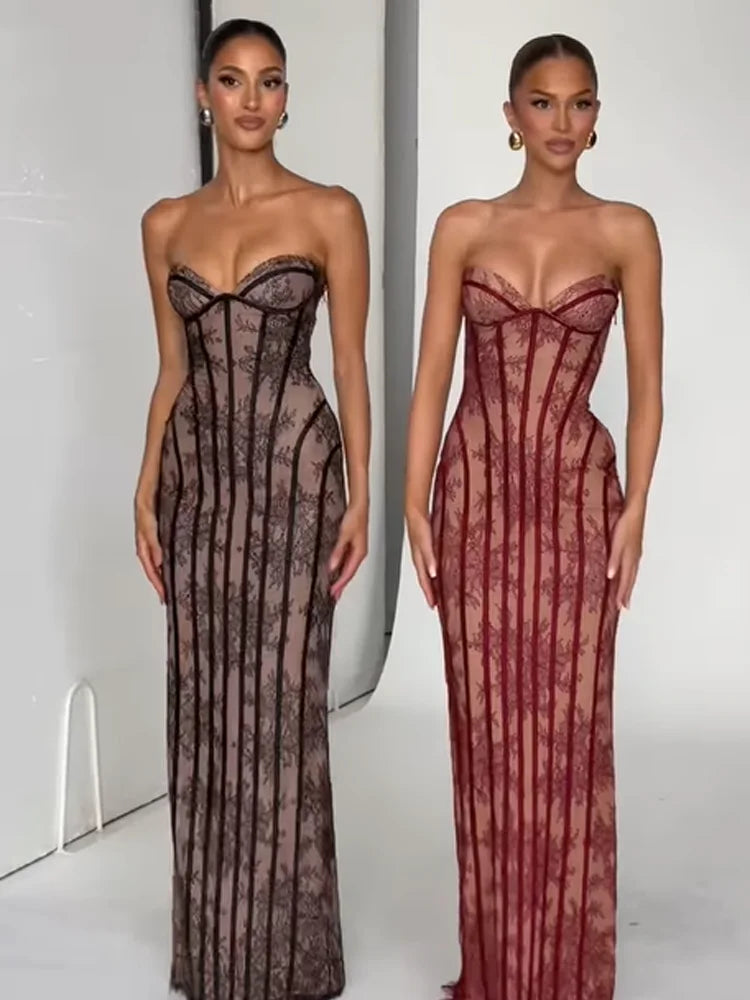 Női gézes halszálkamintás pánt nélküli ruha, sikkes, hát nélküli, váll nélküli, derékig érő, vékony maxi ruha, vestidos 2026, hölgy estélyi ruhák