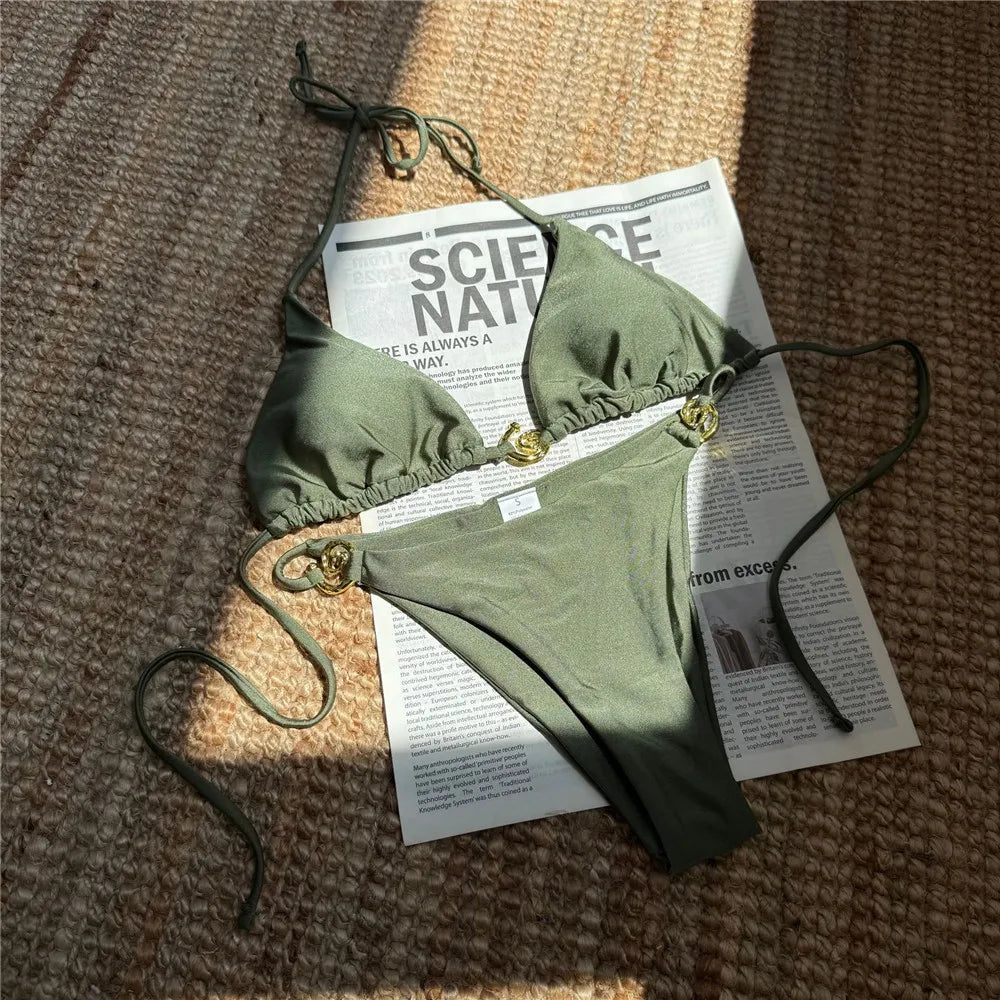 Egyszínű narancssárga fürdőruha fém gyűrűs zsinóros háromszög alakú mikro bikini tanga szexi fürdőruha nők 2026 fürdőruha bikiniszett