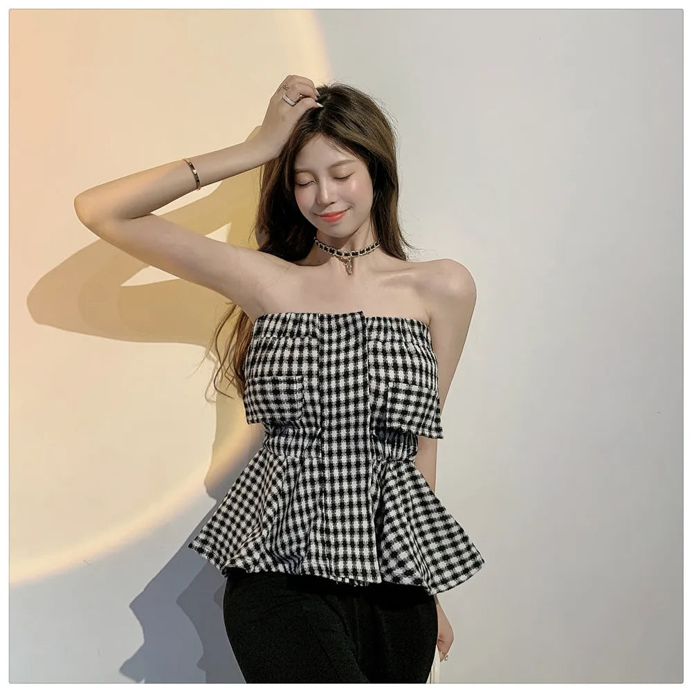 Lányoknak elegáns fodros kockás csőfelsői női rugalmas kendőcsövek bandeau rövid pánt nélküli trikó crop top női