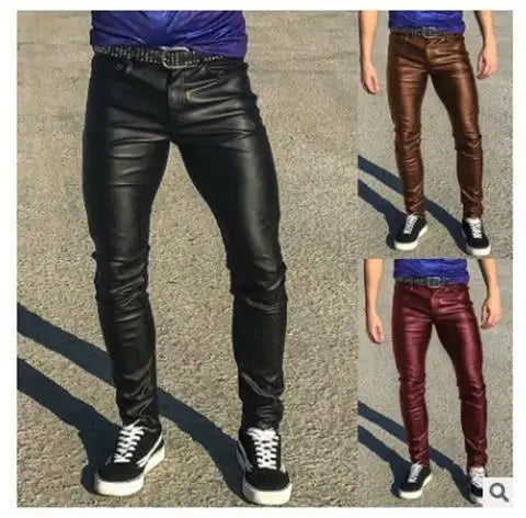 2026 új férfi bőr nadrágok divatos vékony PU nadrágok piros kék fekete szürke fehér pantalones hombre