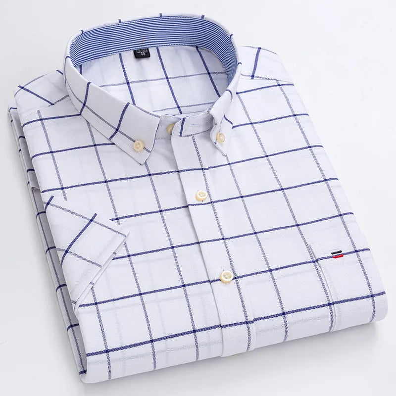 100% pamut férfi Oxford ing, rövid ujjú, nyári, kockás, csíkos, férfi ruházat, üzleti, normál szabású, túlméretezett ing, 7XL, 6XL
