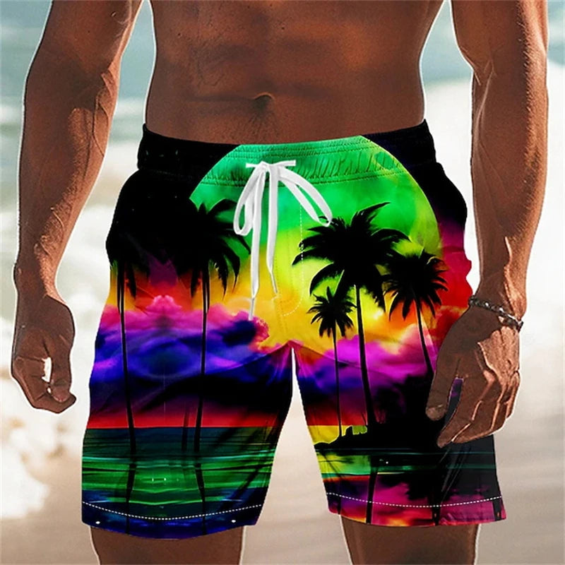 Nyári hawaii férfi strandnadrág 3D nyomtatott kókuszpálma mintás úszónadrág