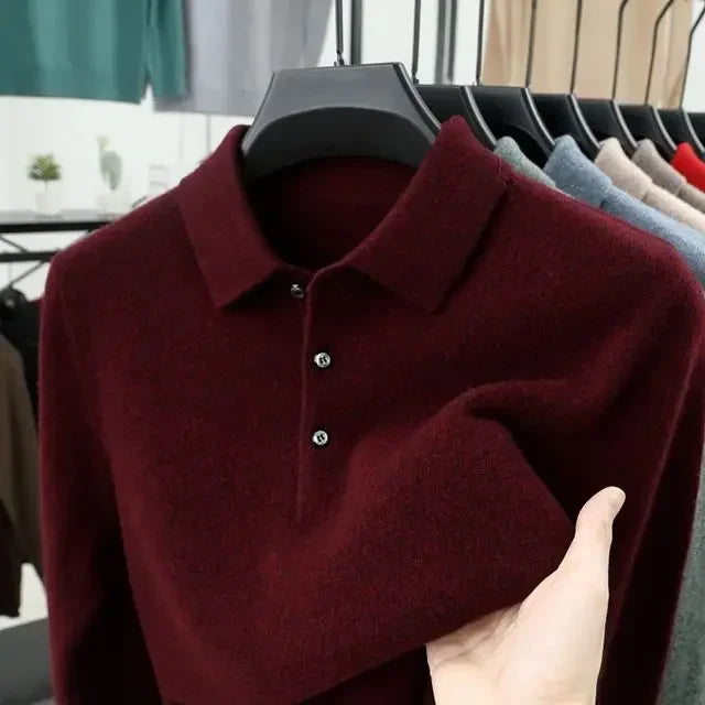 Elegáns, lezser, őszi-téli, férfi pulóver, egyszínű, gombos hajtókával,  divatos,  hosszú ujjú pulóverek, kötött felsők