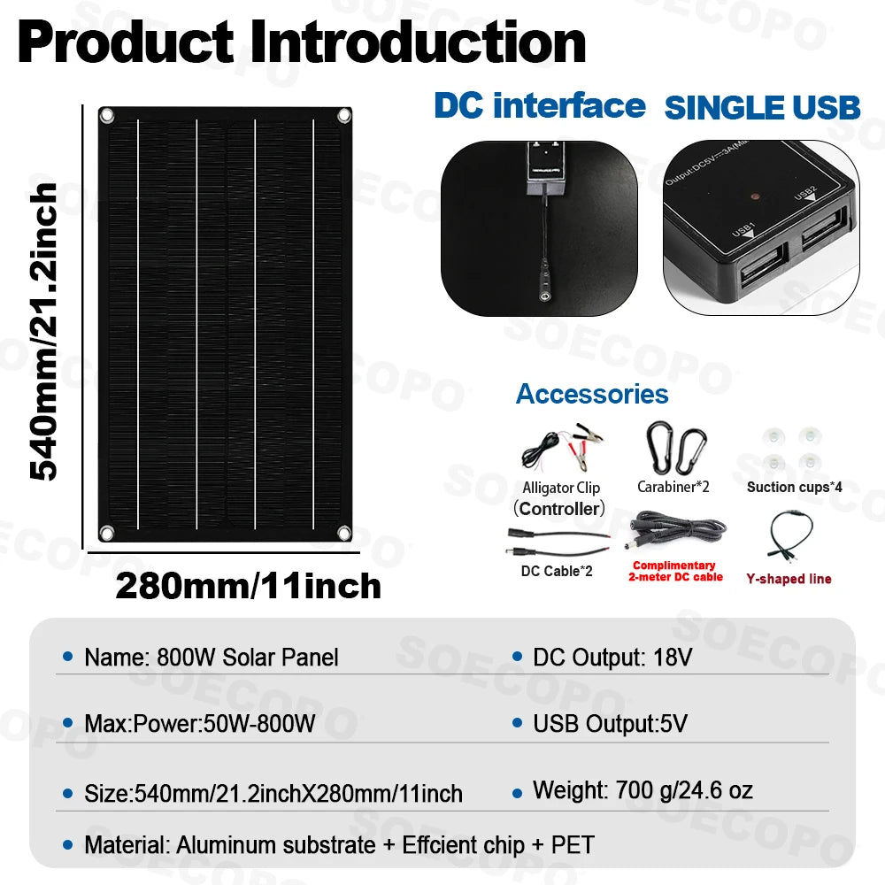 SOECOPO 2400W-os rugalmas napelemkészlet 3 db 800W-os fotovoltaikus panellel, 18V-os akkumulátortöltővel, ingyenes 100A-es vezérlővel lakókocsis kempingezéshez