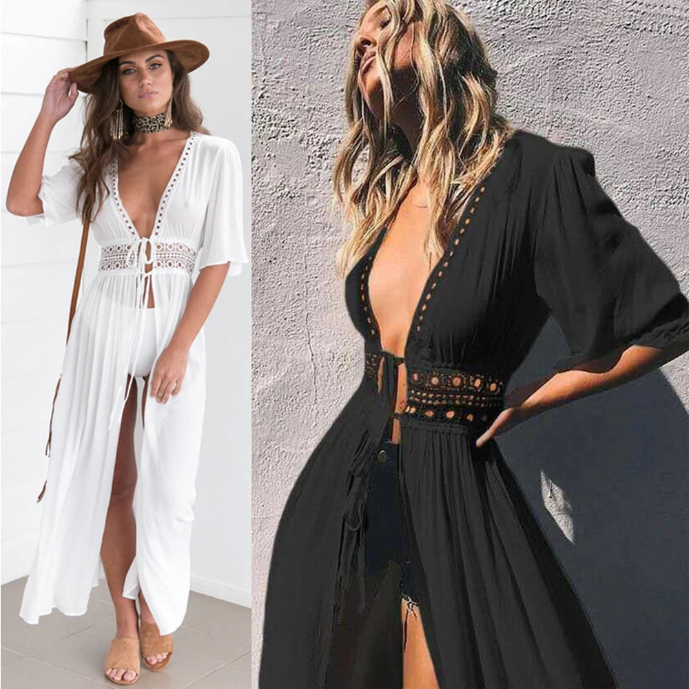 Női nyári ruha, csipke, bohém, strandruha, bikini, fűzős, hosszú blúz, kivasalható, napvédő kardigán, kendő