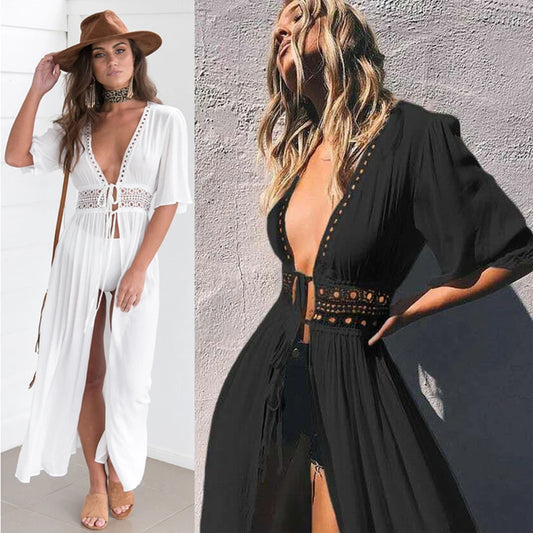 Női nyári ruha, csipke, bohém, strandruha, bikini, fűzős, hosszú blúz, kivasalható, napvédő kardigán, kendő
