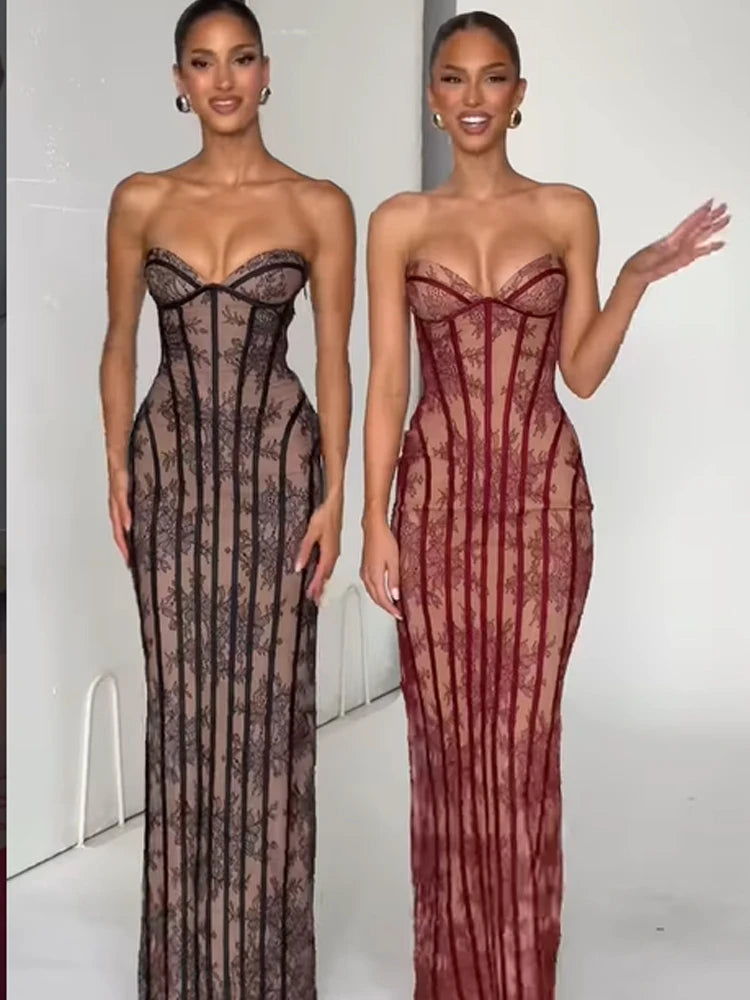 Női gézes halszálkamintás pánt nélküli ruha, sikkes, hát nélküli, váll nélküli, derékig érő, vékony maxi ruha, vestidos 2026, hölgy estélyi ruhák